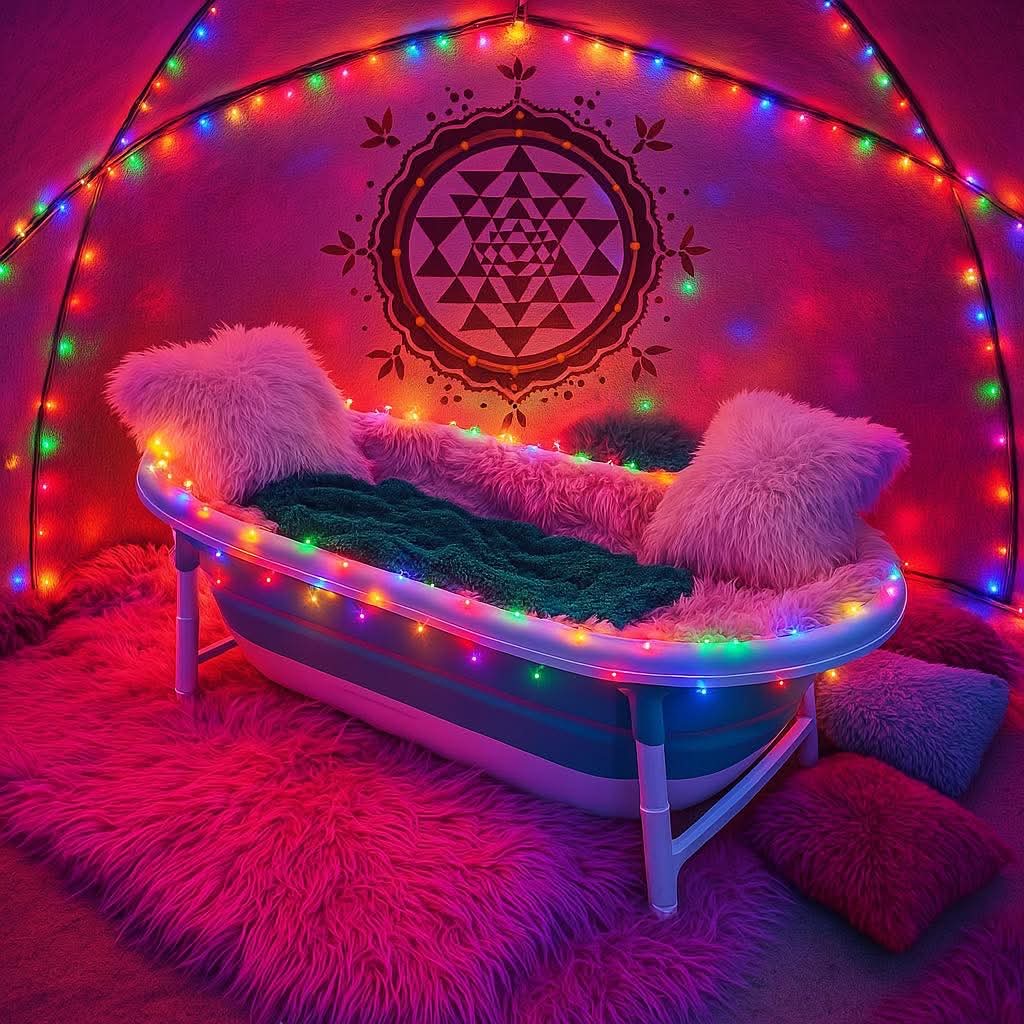 A bathtub lined with sheepskins and fairy lights inside a dome, in front of a painted mandala.